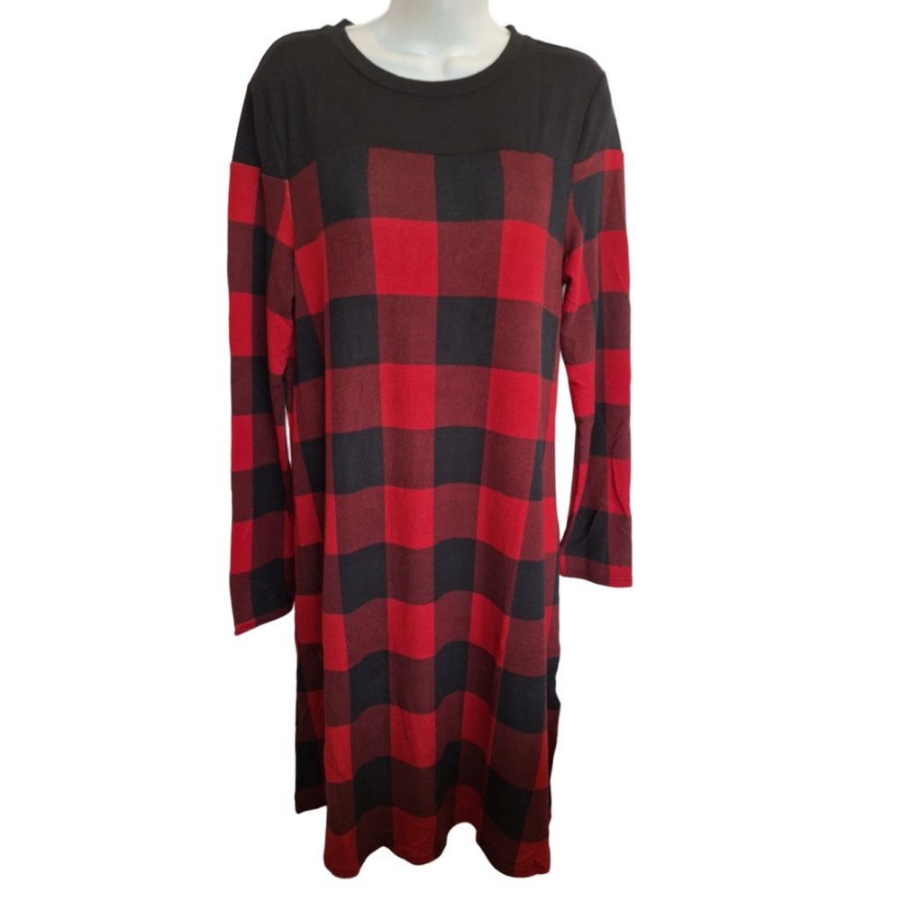 Long Sleeve Dress L Red Black Plaid cabincore dark academia super soft